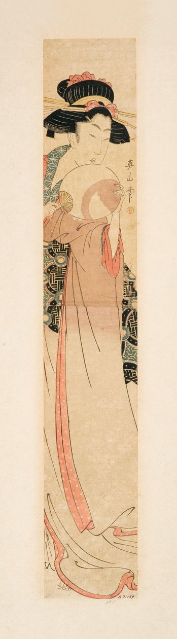 Skönhet som håller en fläkt, ca 1805-10 (träblock) av Kikukawa Eizan