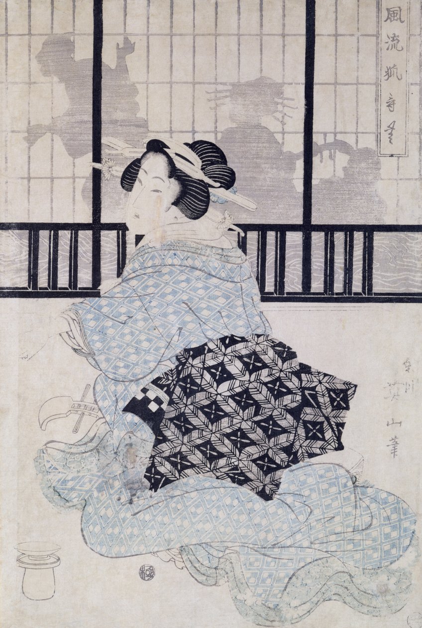 En Courtisan med en Shamisen (träblock i färg) av Kikukawa Eizan