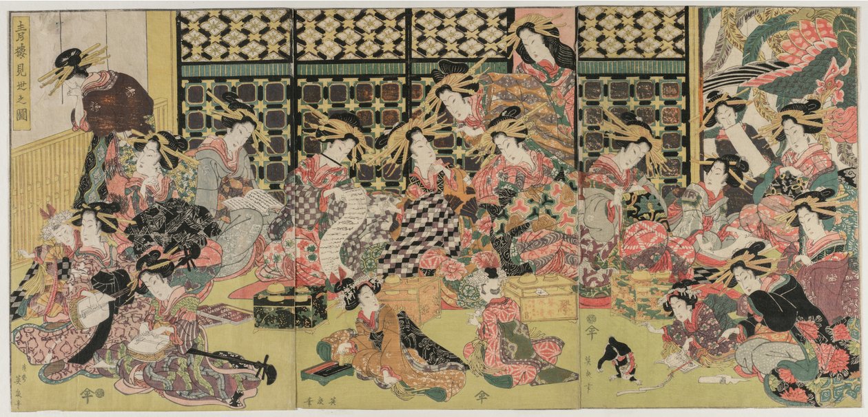 En bild av visningen i Pleasure Quarters av Kikukawa Eizan