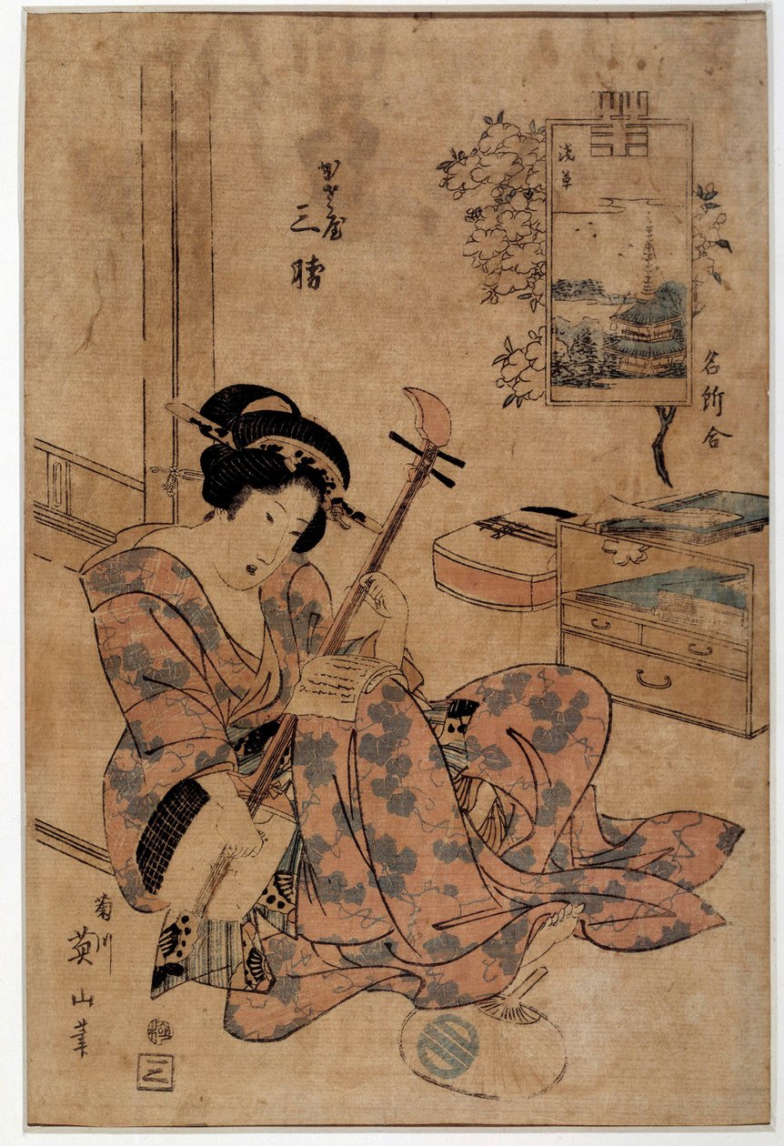 Konst japan: musiker. Tryck av Eizan Kikugawa (1787-1867) Rennes från 1700-talet, Musee des Beaux Arts av Kikukawa Eizan