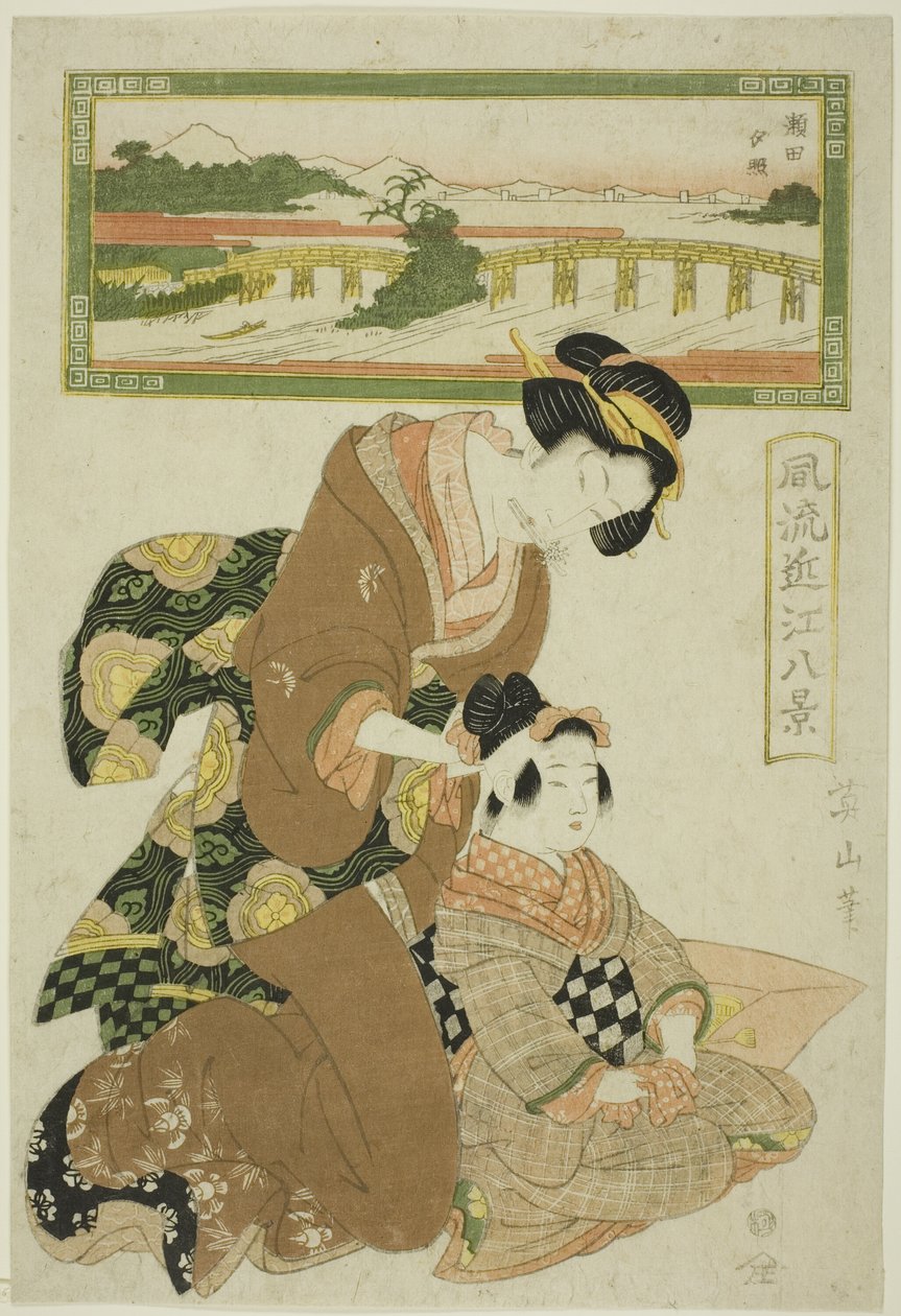 Evening Glow at Seta (Seta sekisho), från serien "Fashionable Eight Views of Omi (Furyu Omi hakkei)" av Kikukawa Eizan