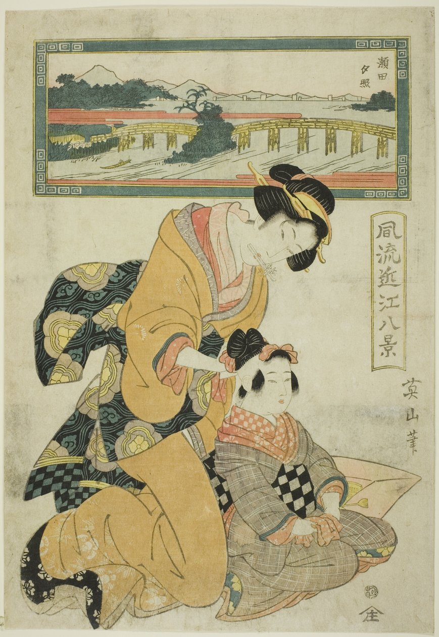 Evening Glow at Seta (Seta sekisho), från serien "Fashionable Eight Views of Omi (Furyu Omi hakkei)" av Kikukawa Eizan