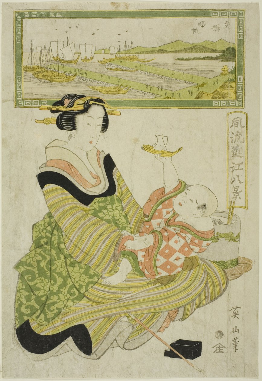 Returning Sails at Yabase (Yabase kihan), från serien "Fashionable Eight Views of Omi (Furyu Omi hakkei)" av Kikukawa Eizan