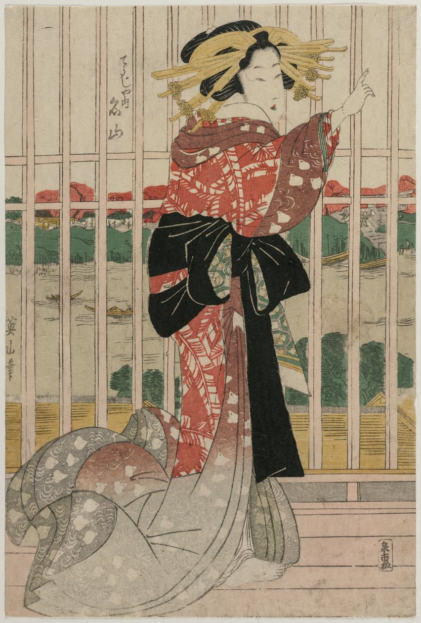 Courtesan Meizan från Chojiya på en balkong med utsikt över floden Sumida av Kikukawa Eizan