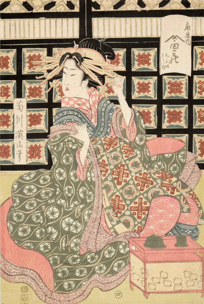 Ukiyo-e Print of Courtesan av Eizan, c.1810 (träblockstryck i färg) av Kikukawa Eizan