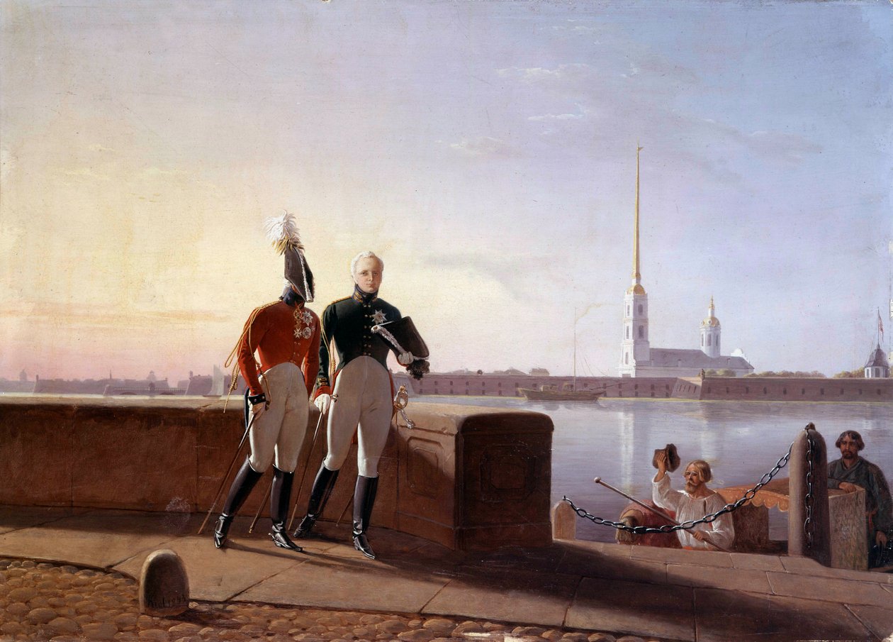 Den ryske tsaren Alexander I (1777-1825) och hans bror Konstantin i utkanten av Neva-målningen av Kil (1800-talet) Eremitagemuseet, Sankt Petersburg av Kil
