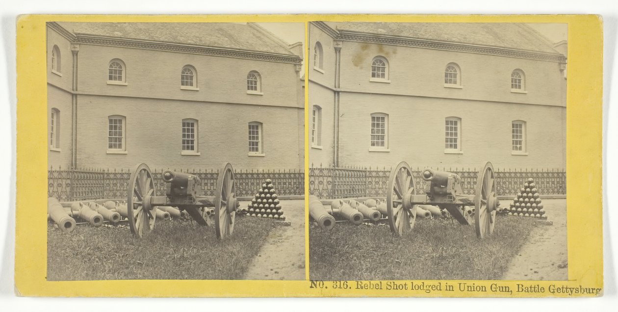 Rebel Shot inkvarterades i Union Gun, Battle Gettysburg, 185575. Skapare: Kilburn Brothers, BW Kilburn. av Kilburn Brothers, BW Kilburn