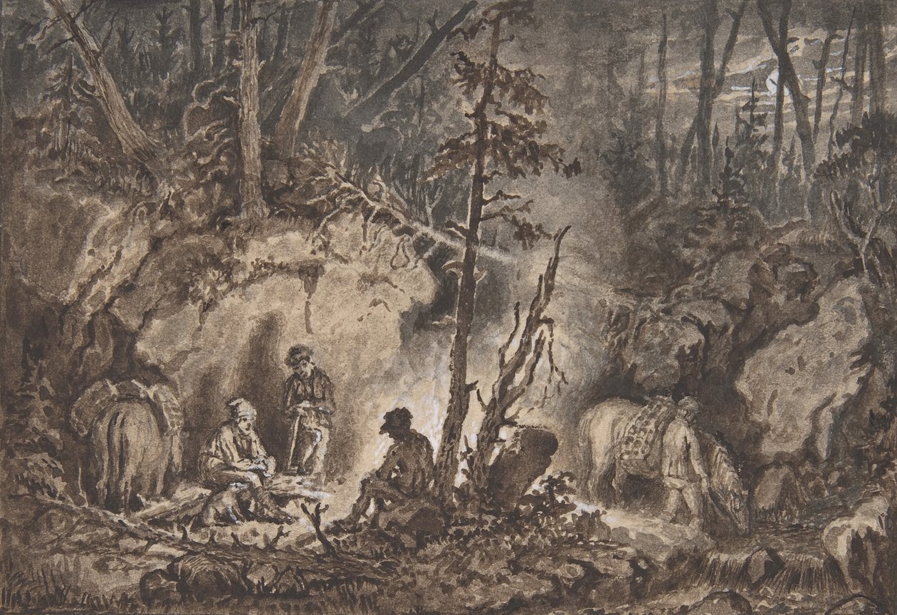 Jägare som vilar i en skog på natten, 1830-60. av Kilian Christoffer Zoll
