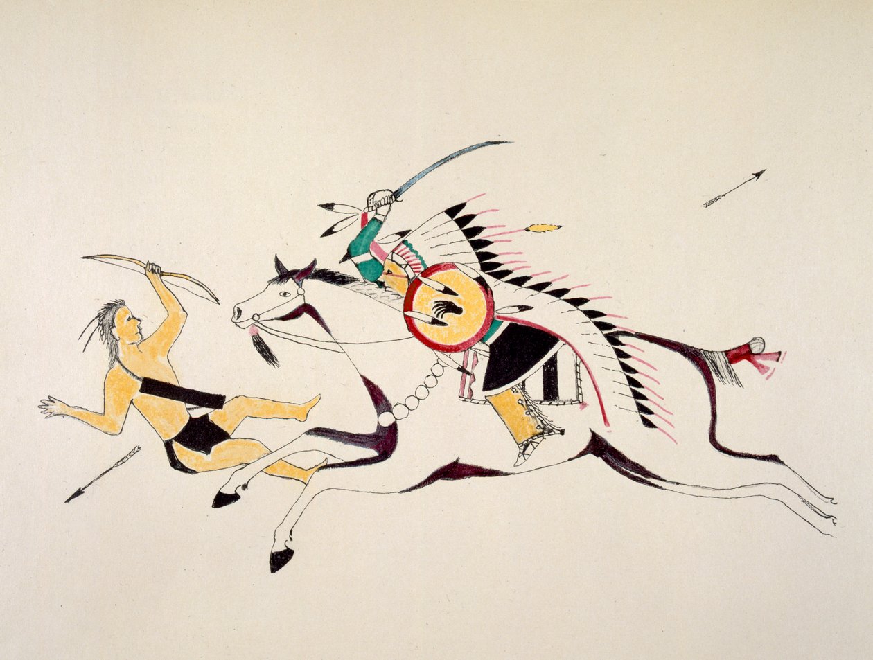Mounted Sioux (namn okänt) attackerar en Pawnee bågskytt (pigment på duk) av Kills Two