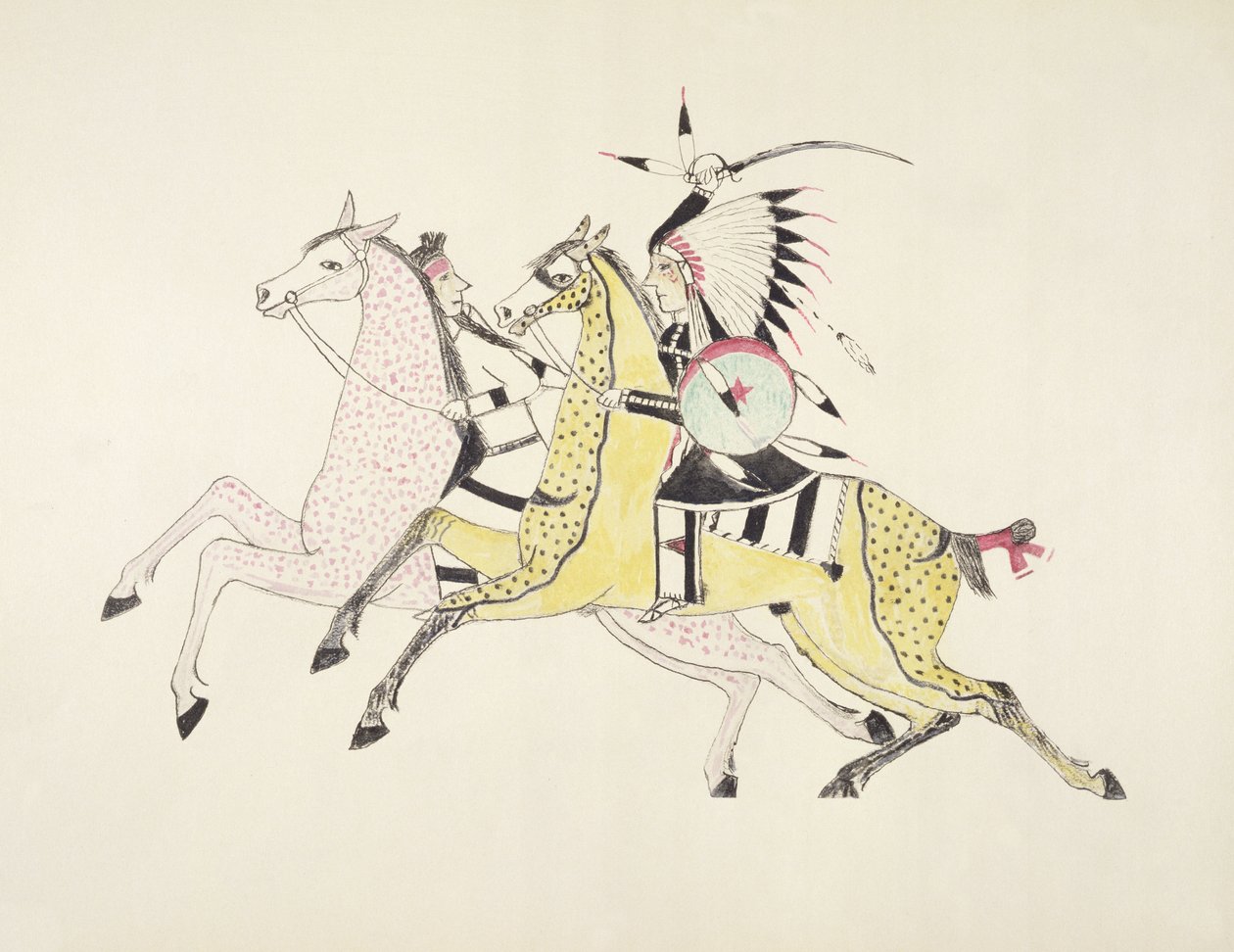 Sioux-krigare beväpnad med sabel som attackerar en kråkindian (pigment på duk) av Kills Two