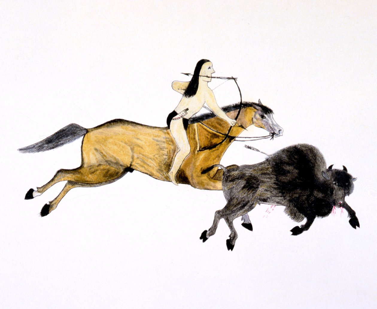 Mounted Grand Plains indisk jaktbuffel med pil och båge, c1890-c1927. av Kills Two