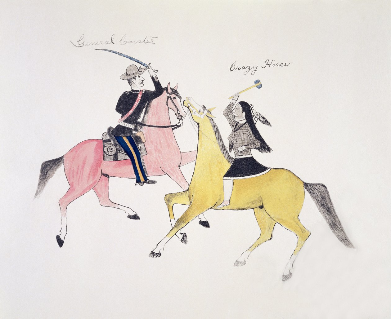 Symbolisk skildring av konflikten mellan indianerna och de vita som representeras av deras två mest kända ledare, General Custer och Crazy Horse (pigment på duk) av Kills Two