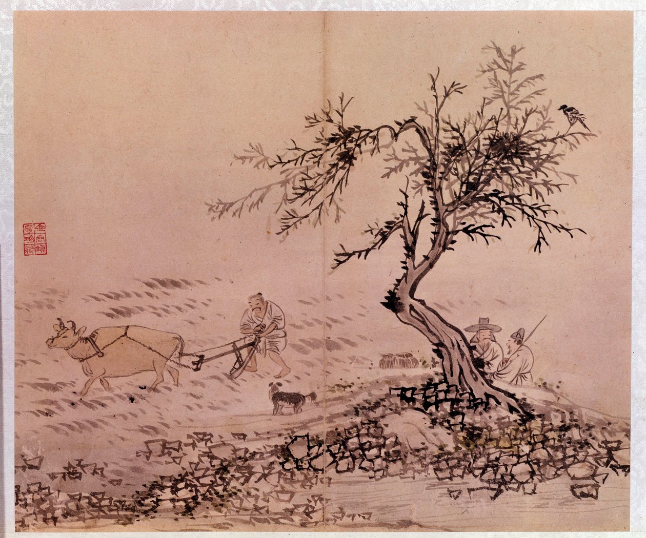 Art coreen: scene de plowing. Tryck av Kim Hong-do (Kim Hong Do) eller Danwon (1745-ca. 1806) av Kim Hong Do