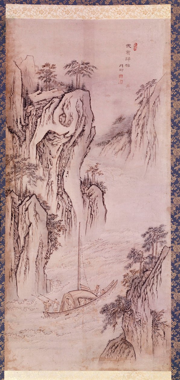 Art coreen: återkomsten av Mu-i. Coreen landskap med båt och brant klippa. Tryck av Kim Hong do or Danwon (1745-ca 1806). 1760. Hyung Pil Chun Samling. av Kim Hong Do