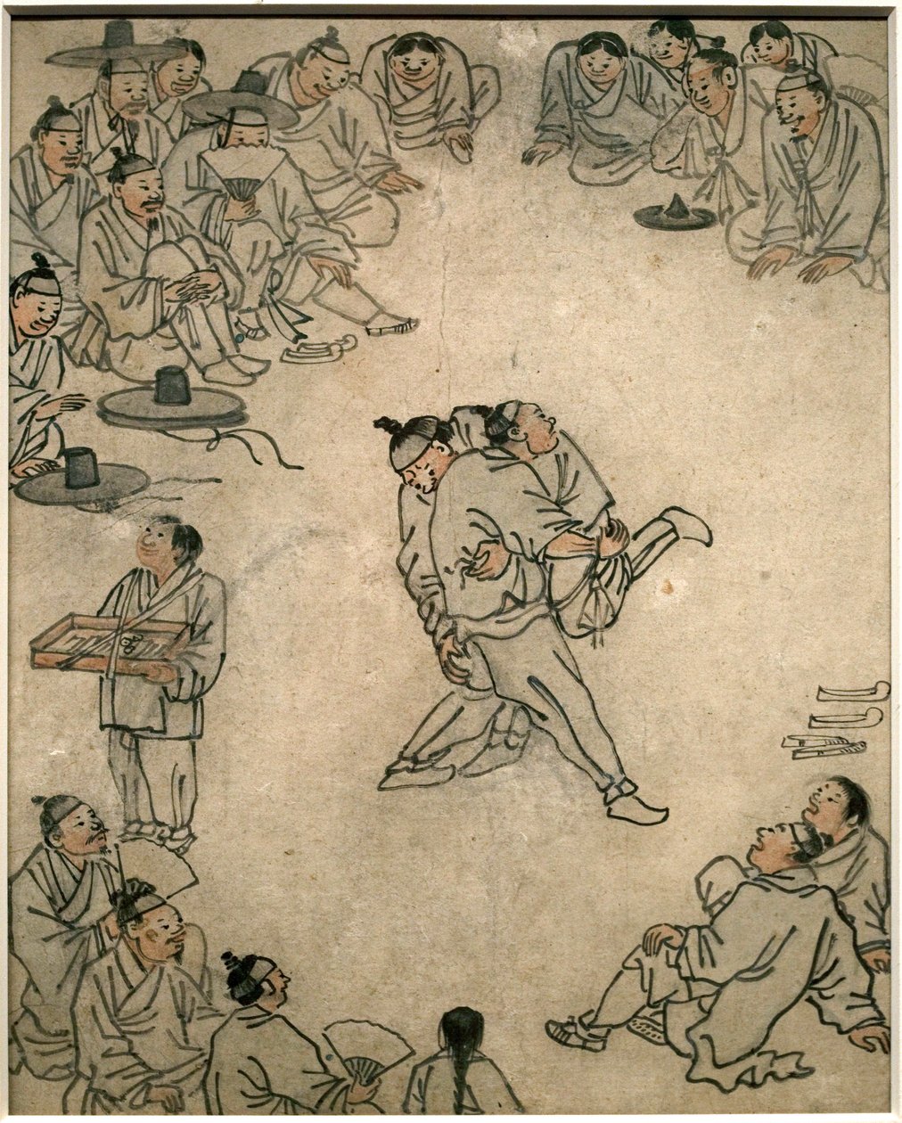 Scen för traditionell brottning, med åskådare och en godisförsäljare. Målning av Danwon (Kim Hongdo) (1745-1806), bläck på papper, Coreen-konst, perioden Joseon (Choson) 1700-talet. Koreas nationalmuseum, Seoul (Sydkorea). av Kim Hong Do