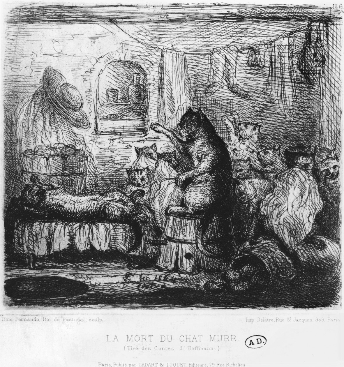 Death of Cat Murr, illustration från Die Lebensansichten des Katers Murr av Ernst Theodor Amadeus Hoffmann (1776-1822) publicerad 1820-22 av King of Portugal Fernando II
