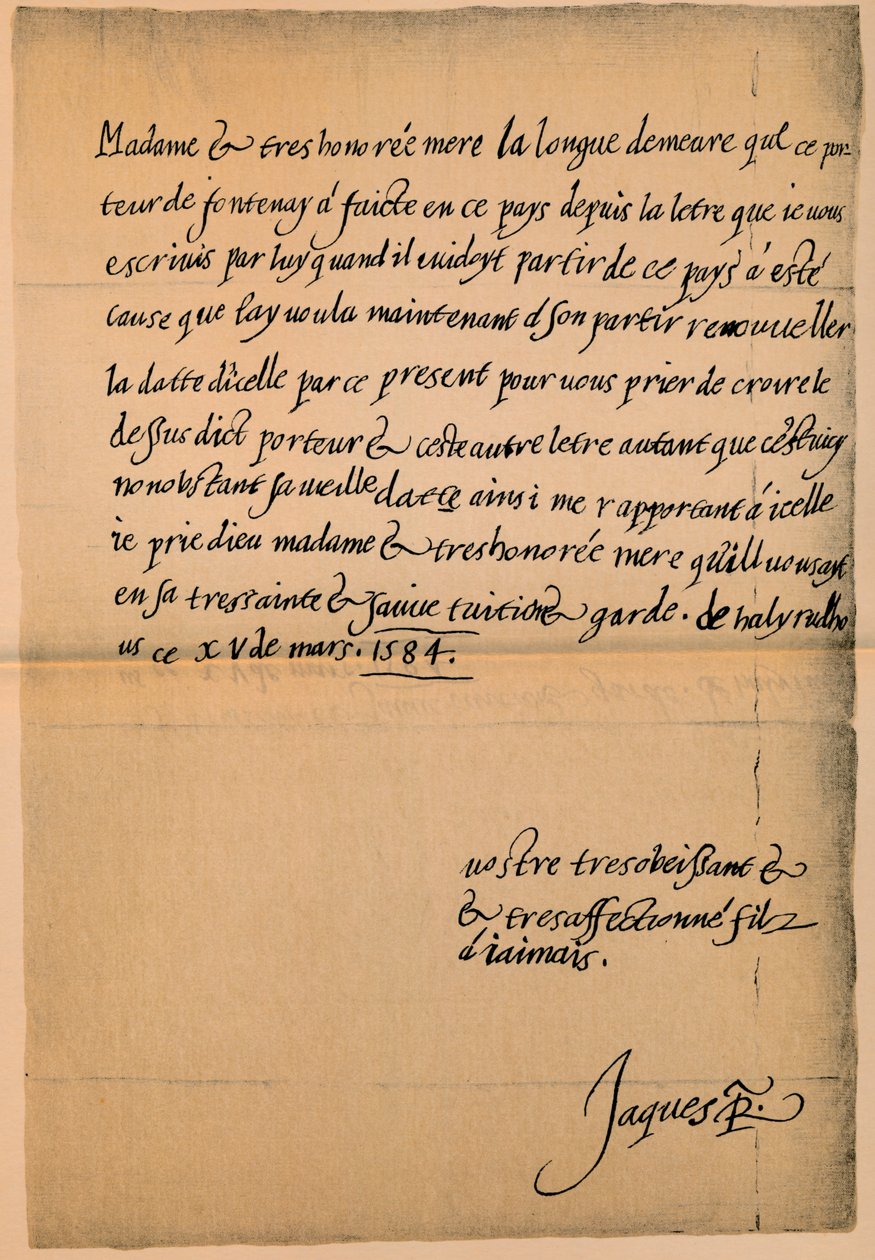 Brev från kung James VI 1566-1625 till hans mor, drottning Mary 1542-1587, 1584-5 av King James I