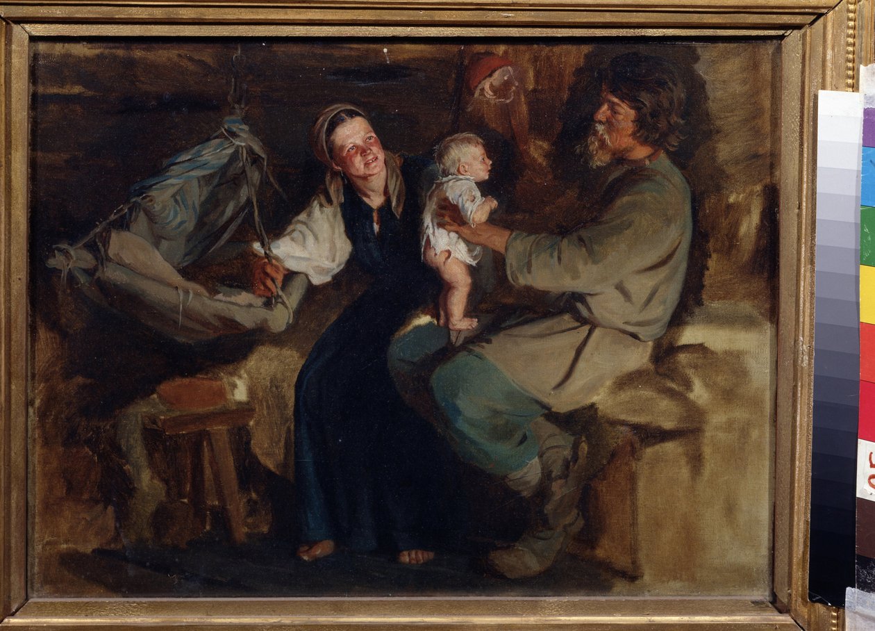 Föräldraglädje. I ett blygsamt inre håller ett par bönder, fadern sittande, sin halvnakna bebis, stående balanserad på knäna, vid deras sidor, mamman ler och håller vaggan upphängd. Målning av Kirill (Karl) Vikentlevic av Kirill Vikentievich Lemoch
