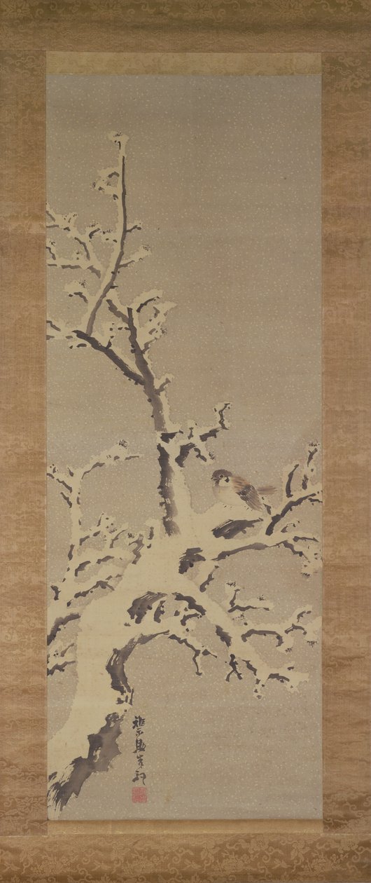 Sparv på ett träd i en snöstorm, ca 1800 (färg på papper) av Kishi Ganku