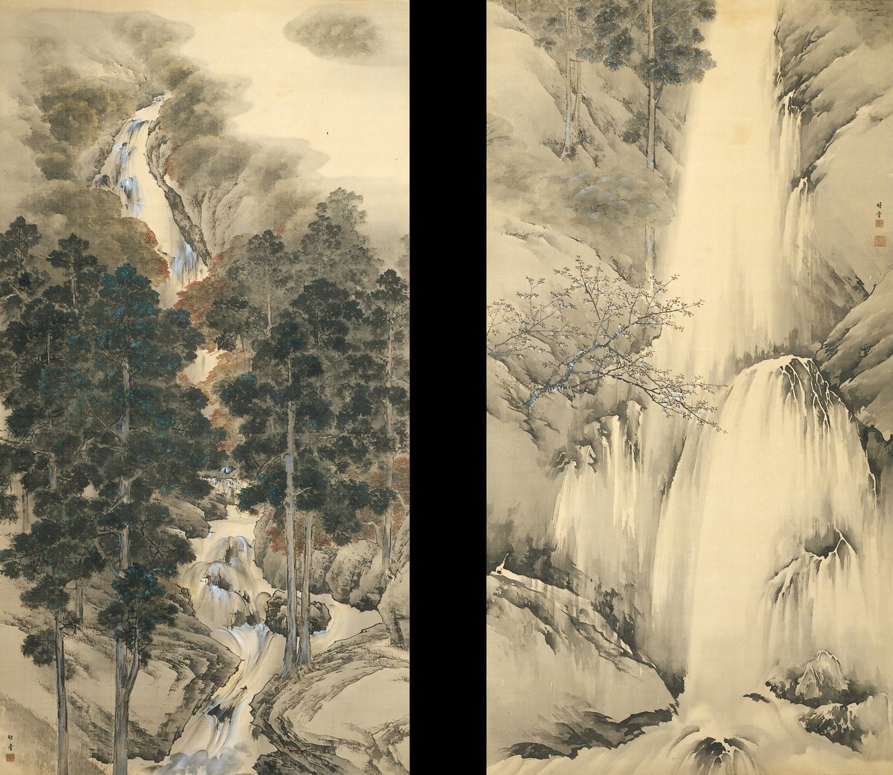 Vattenfall vår och höst Set med två hängande rullar, 1893 av Kishi Chikudo