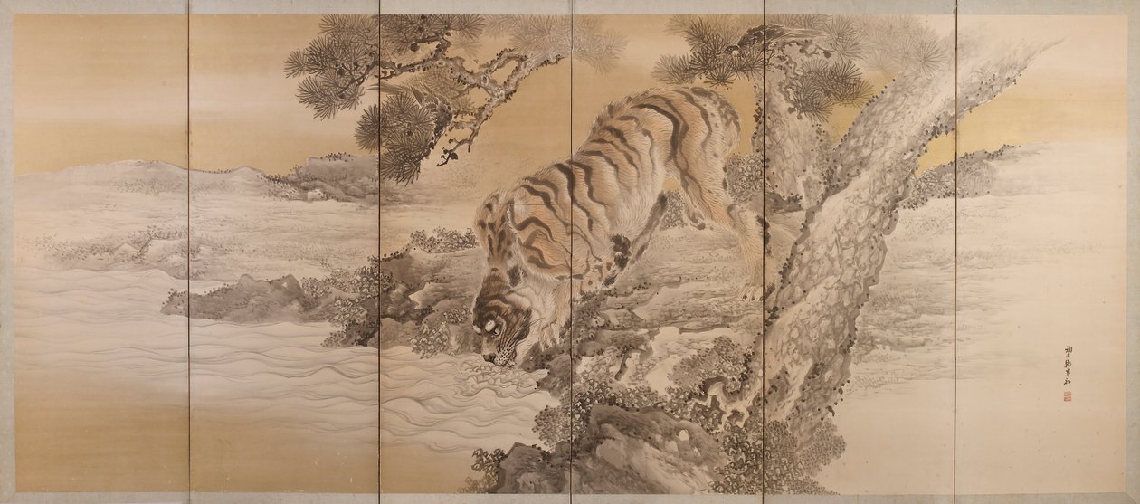 Sexfaldig skärm föreställande en drickande tiger, 1749-1838 av Kishi Ganku