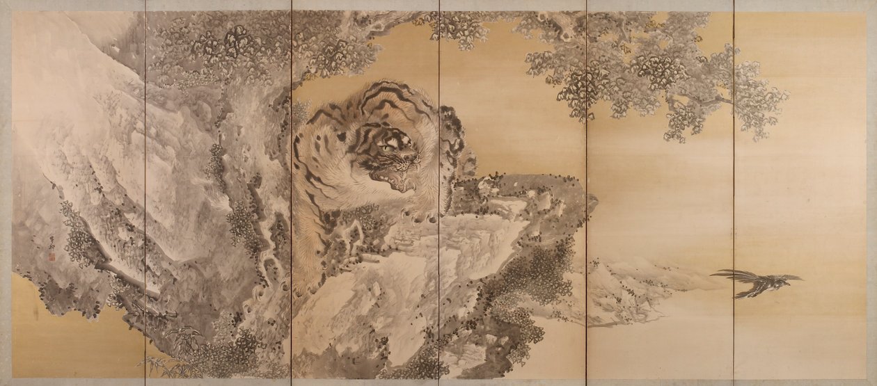 Sexfaldig skärm föreställande en rytande tiger, 1749-1838 av Kishi Ganku