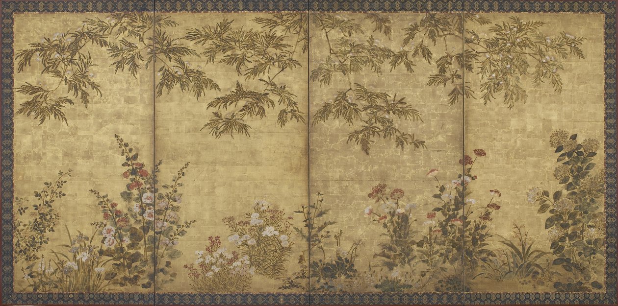 Mimosaträd, vallmo, stockrosor och andra blommor, Edo-perioden, 1630-70 (bläck, färg och guld på papper) av Kitagawa Sosetsu