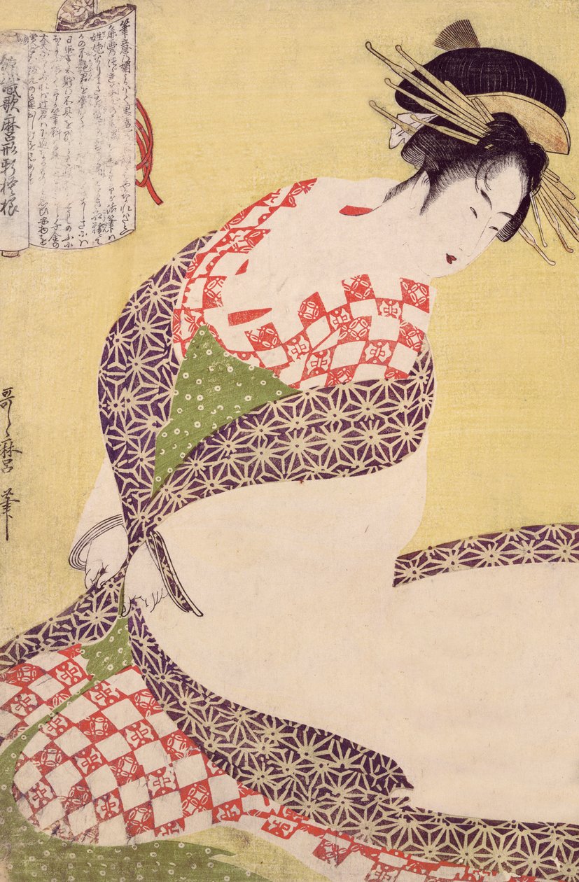 Kurtisane knælende swed av Kitagawa Utamaro