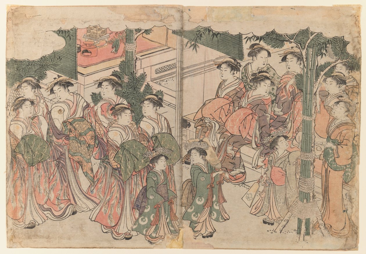 Courtesans Entourage på nyårsfestivalen, ca 1785 (diptyk) av Kitagawa Utamaro