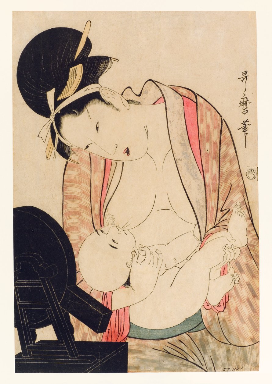 Mamma ammar sitt barn inför ett spegelställ, ca 1800-04 (träkloss) av Kitagawa Utamaro