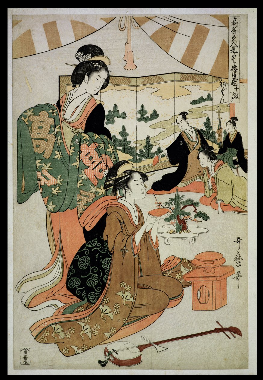 S.348-1945 Scen 1, Jämförelse av berömda skönheter och den lojala ligan, ca 1797 (träblock i färg) av Kitagawa Utamaro