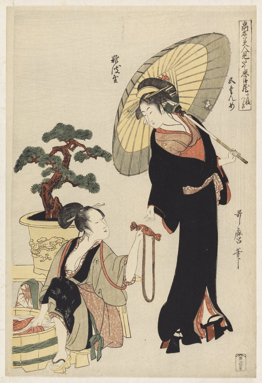S.352-1945 Scen 5, Jämförelse av berömda skönheter och den lojala ligan, ca 1797 (träblock i färg) av Kitagawa Utamaro