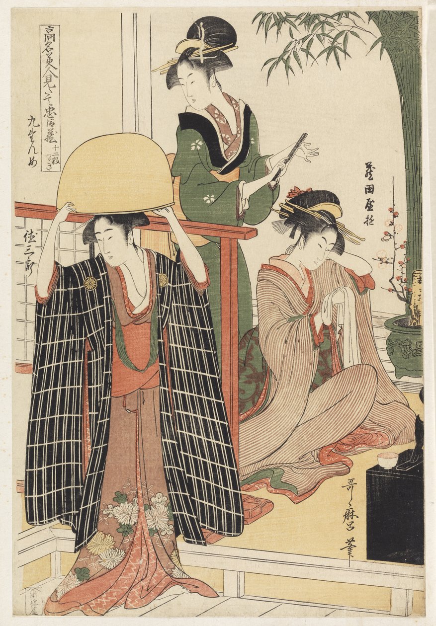 S.356-1945 Scene 9, Jämförelse av berömda skönheter och den lojala ligan, ca 1797 (träblock i färg) av Kitagawa Utamaro