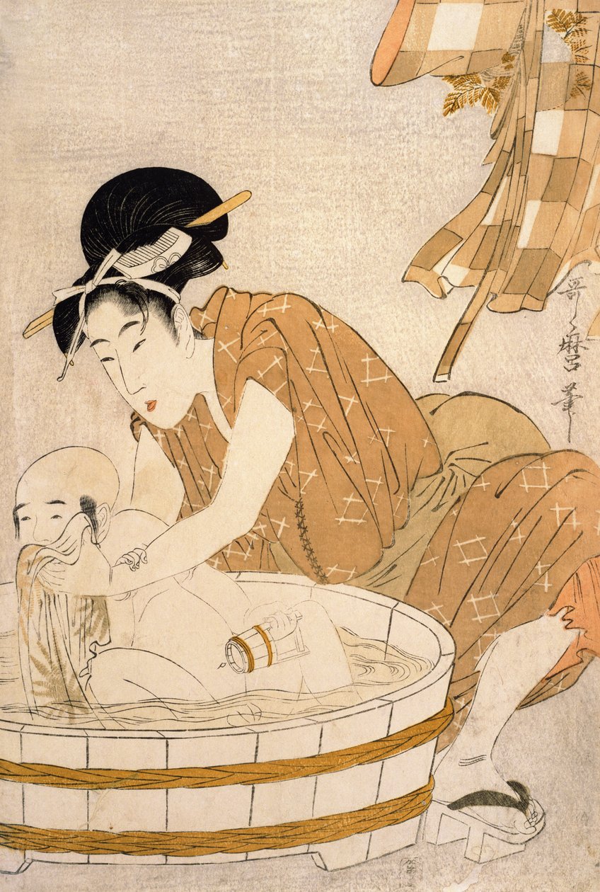 The Bath, Edo-perioden (1603-1868) (färgat träblock) av Kitagawa Utamaro