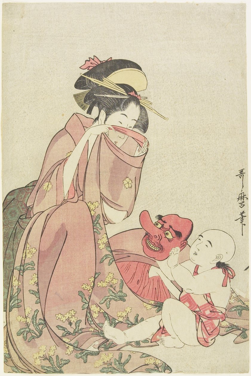 Kvinna som leker med ett barn med Tengu-mask, 1795-1802 av Kitagawa Utamaro