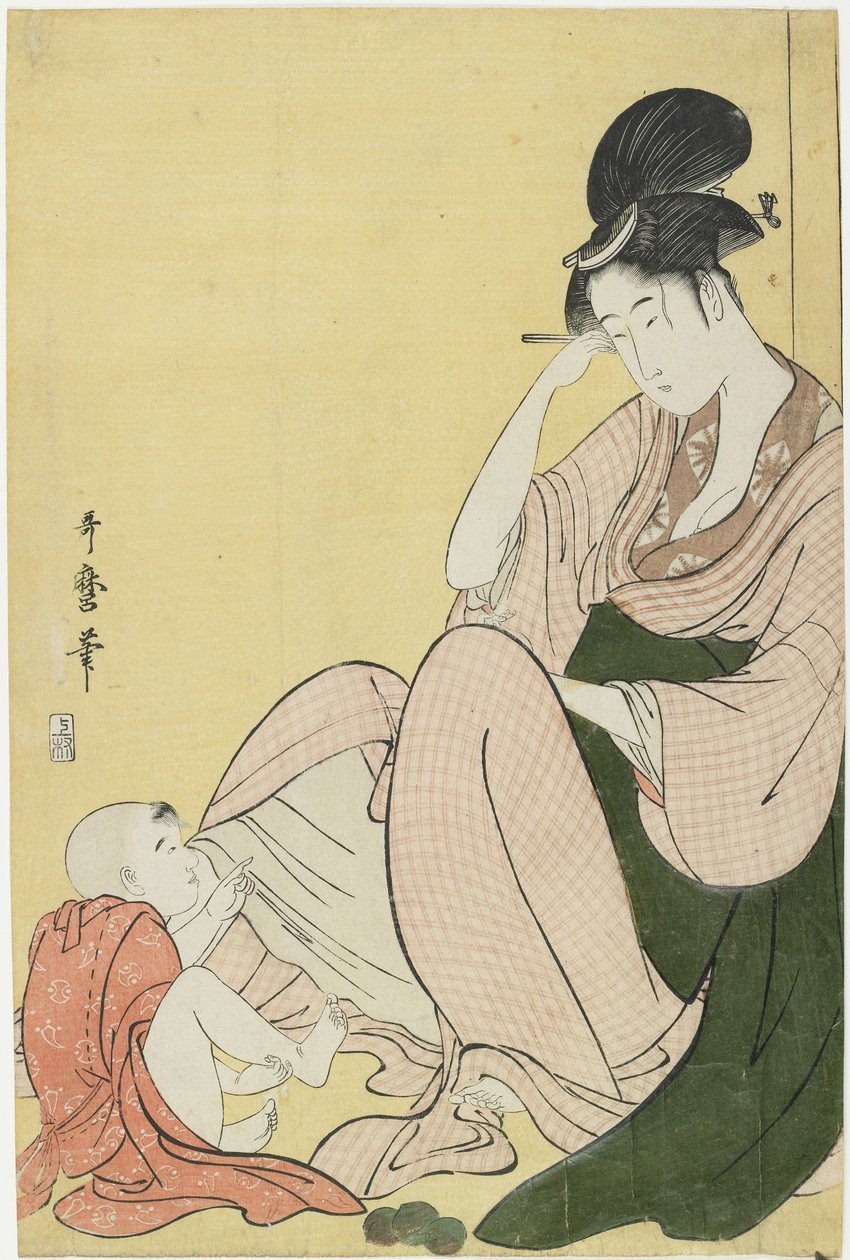 Kvinna och barn som pekar, 1794-1795 av Kitagawa Utamaro
