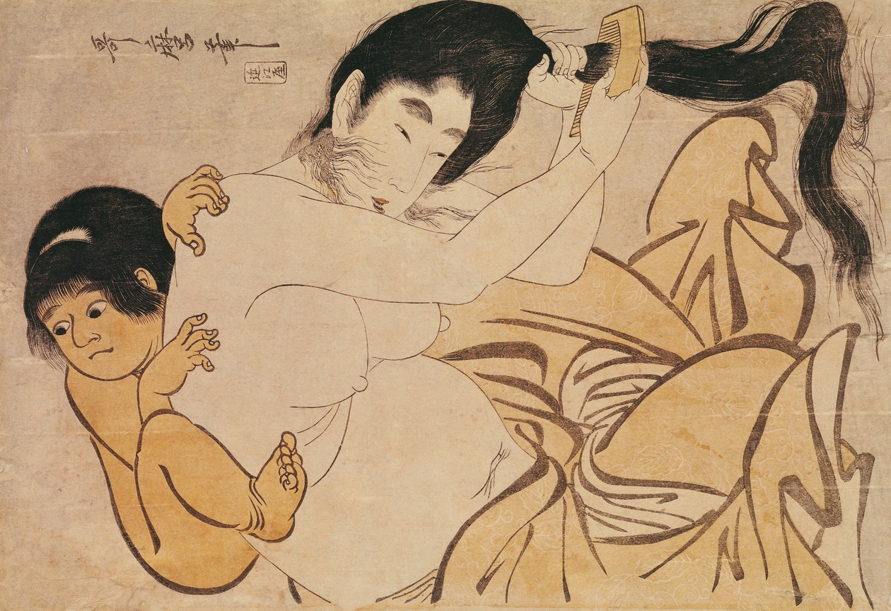 Yama-Uba, bergets kvinna, med Kintoki, hennes bebis (träblockstryck) av Kitagawa Utamaro