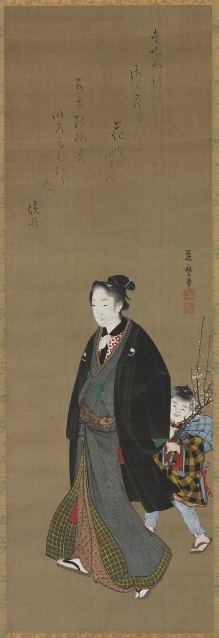 Man promenerar med en pojke som bär blommande gren, ca. 1810. av Kitagawa Fujimaro