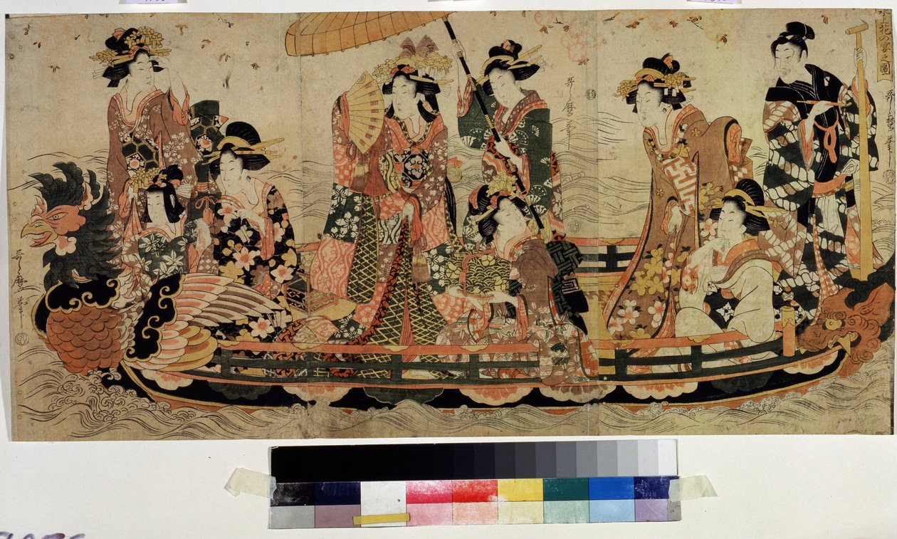 Beundra körsbärsblommorna (Hanami) (Cherry Blossom Viewing, Hanami). Tryck av Kitagawa Utamaro II (?-1831). Färgetsning, 37 x 76 cm. österländsk konst. Pushkin-museet, Moskva av Kitagawa II Utamaro