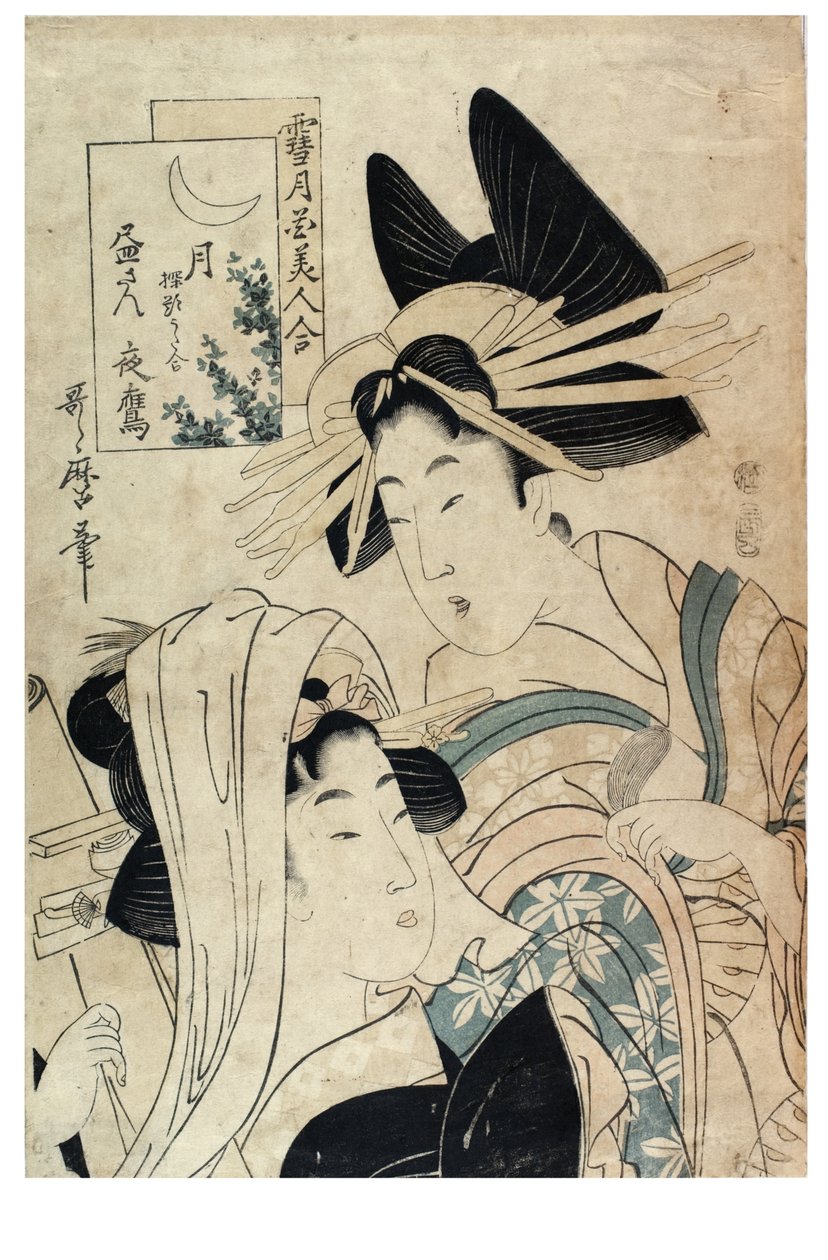 Moon från serien Snow, Moon and Flowers jämfört med Beautiful Women av Kitagawa II Utamaro