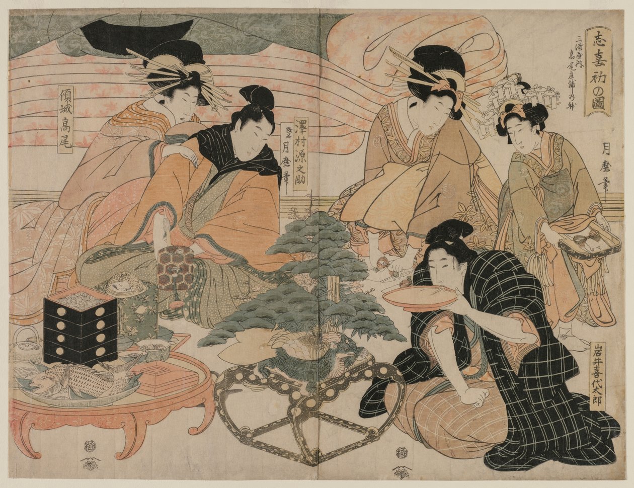 Bild på det första besöket i Pleasure Quarters av Kitagawa Tsukimaro