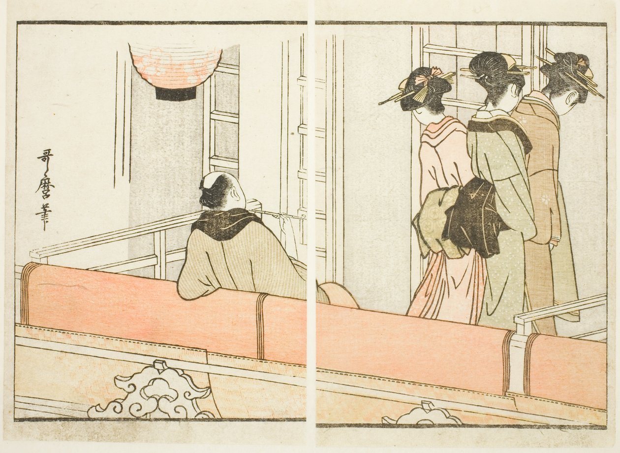 En loge på Kabuki-teatern, från den illustrerade boken "Guide till skådespelarnas omklädningsrum (Yakusha gakuya tsu)" av Kitagawa Utamaro