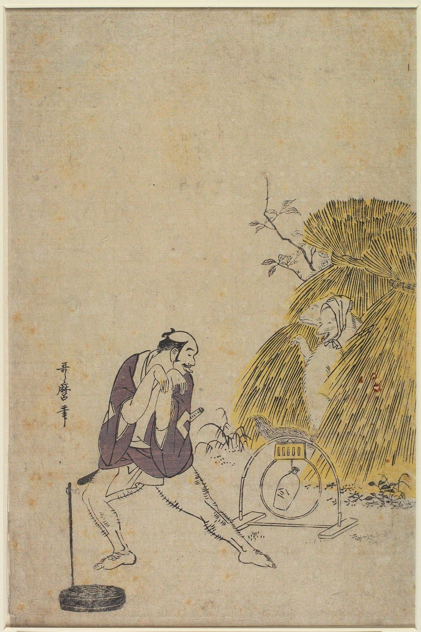 En betjänt (Yakko) som hånar en fälla för en räv av Kitagawa Utamaro