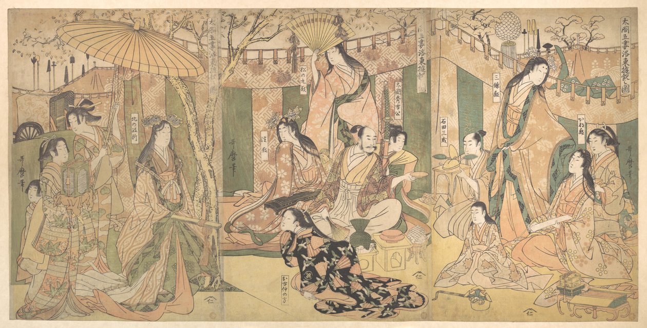 En vy över Taikos och hans fem hustrurs nöjen i Rakutō av Kitagawa Utamaro