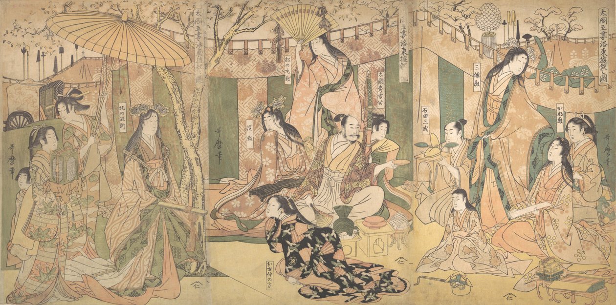 En syn på Taikos och hans fem fruars nöjen i Rakuto, 1804. av Kitagawa Utamaro