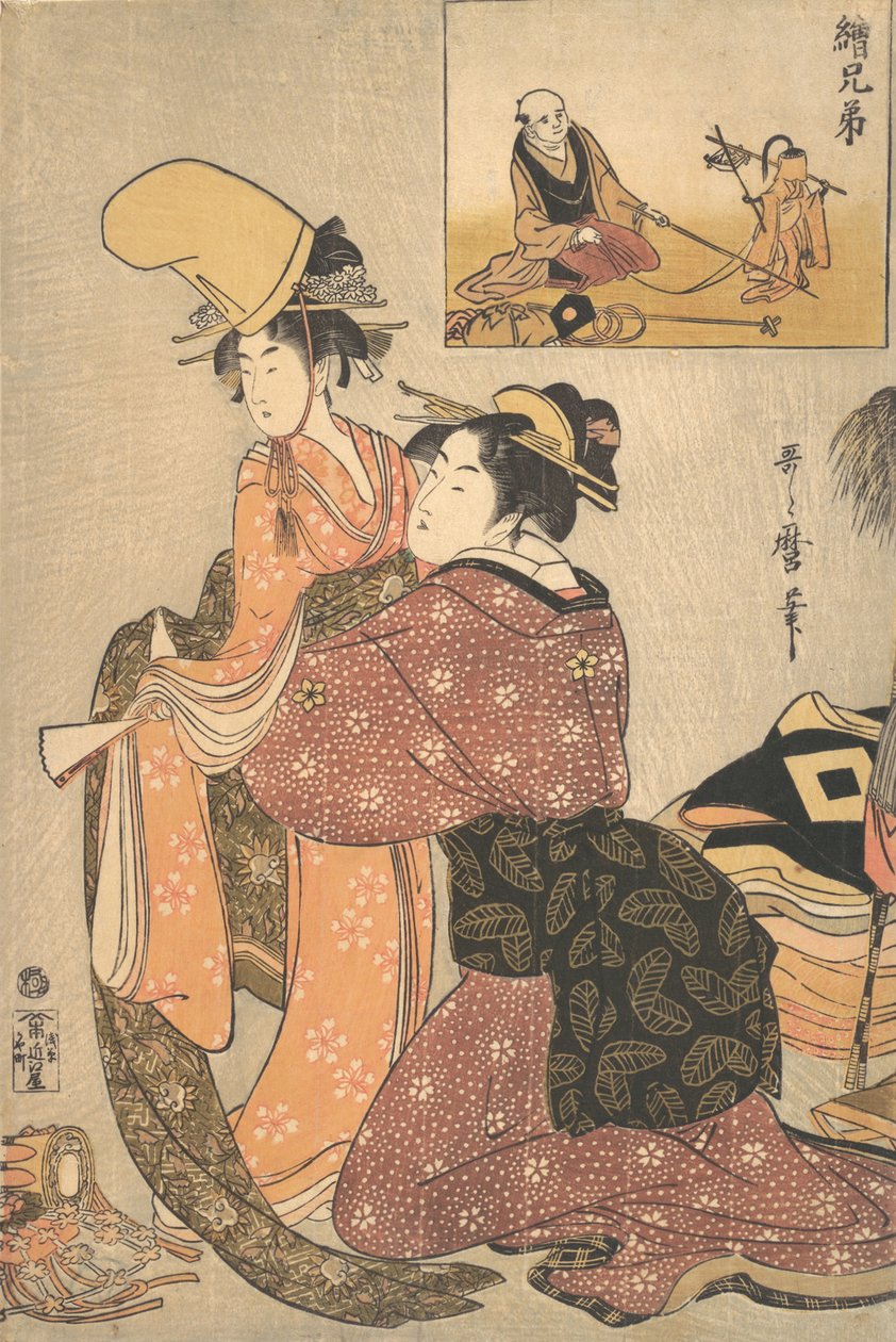 En kvinna som klär en tjej för en Kabuki-dans "Musume Dojoji..., ca. 1795-96. av Kitagawa Utamaro