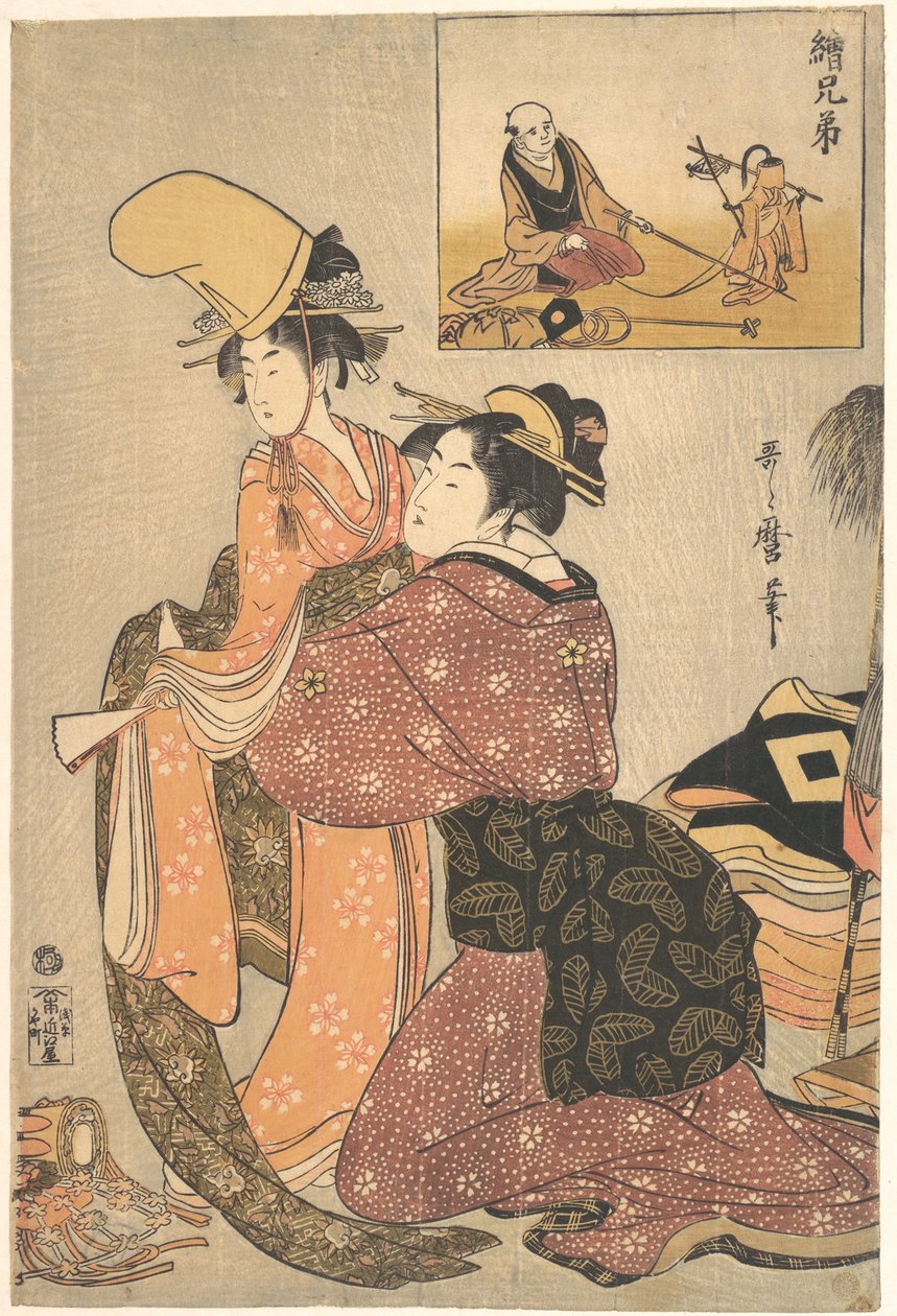 En kvinna klär en flicka för kabukidansen ”Musume Dōjōji”, med en ”syskonbild” (E-kyōdai) av en apdressör av Kitagawa Utamaro