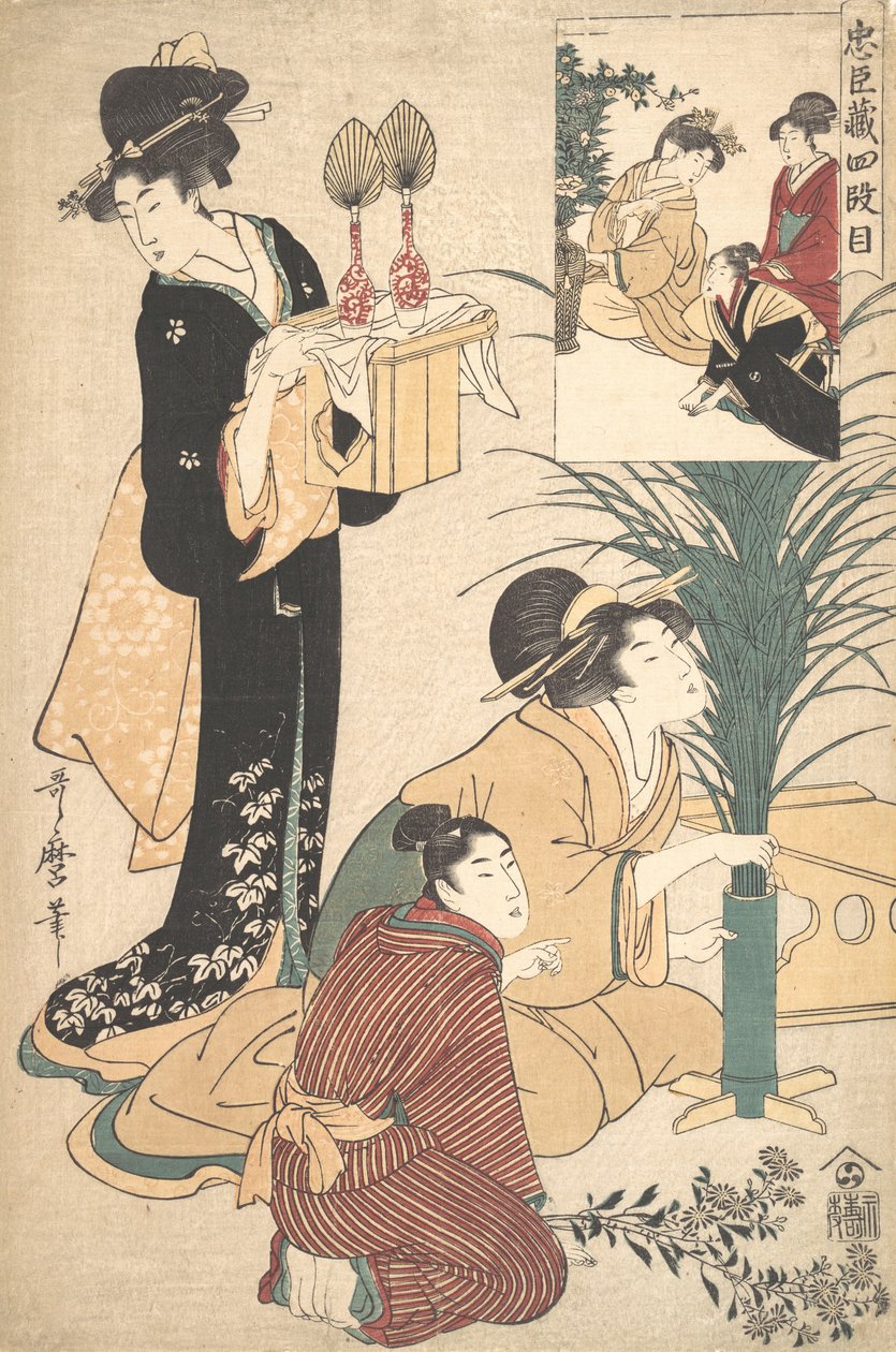 En kvinna och en man som arrangerar blommor för Tsukimi Moon Festival, 1802. av Kitagawa Utamaro