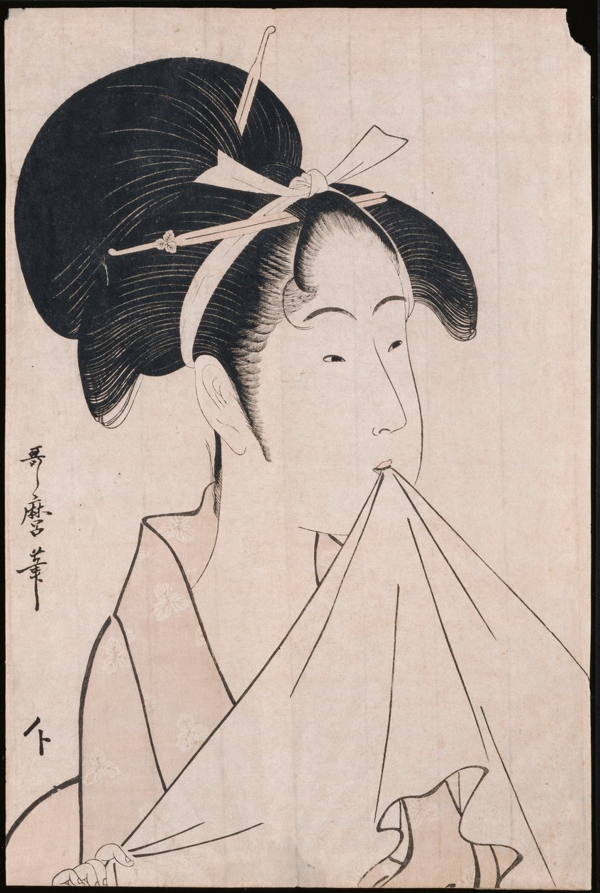 Ett bystporträtt av Okita av Naniwaya som håller en handduk i tänderna och sträcker ut tyget av Kitagawa Utamaro