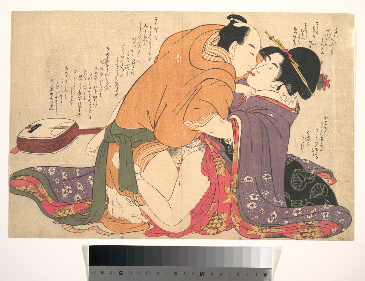 Ett par som älskar bredvid en shamisen, ett blad ur *Unravelling the Threads of Desire* (*Negai no ito-guchi*) av Kitagawa Utamaro
